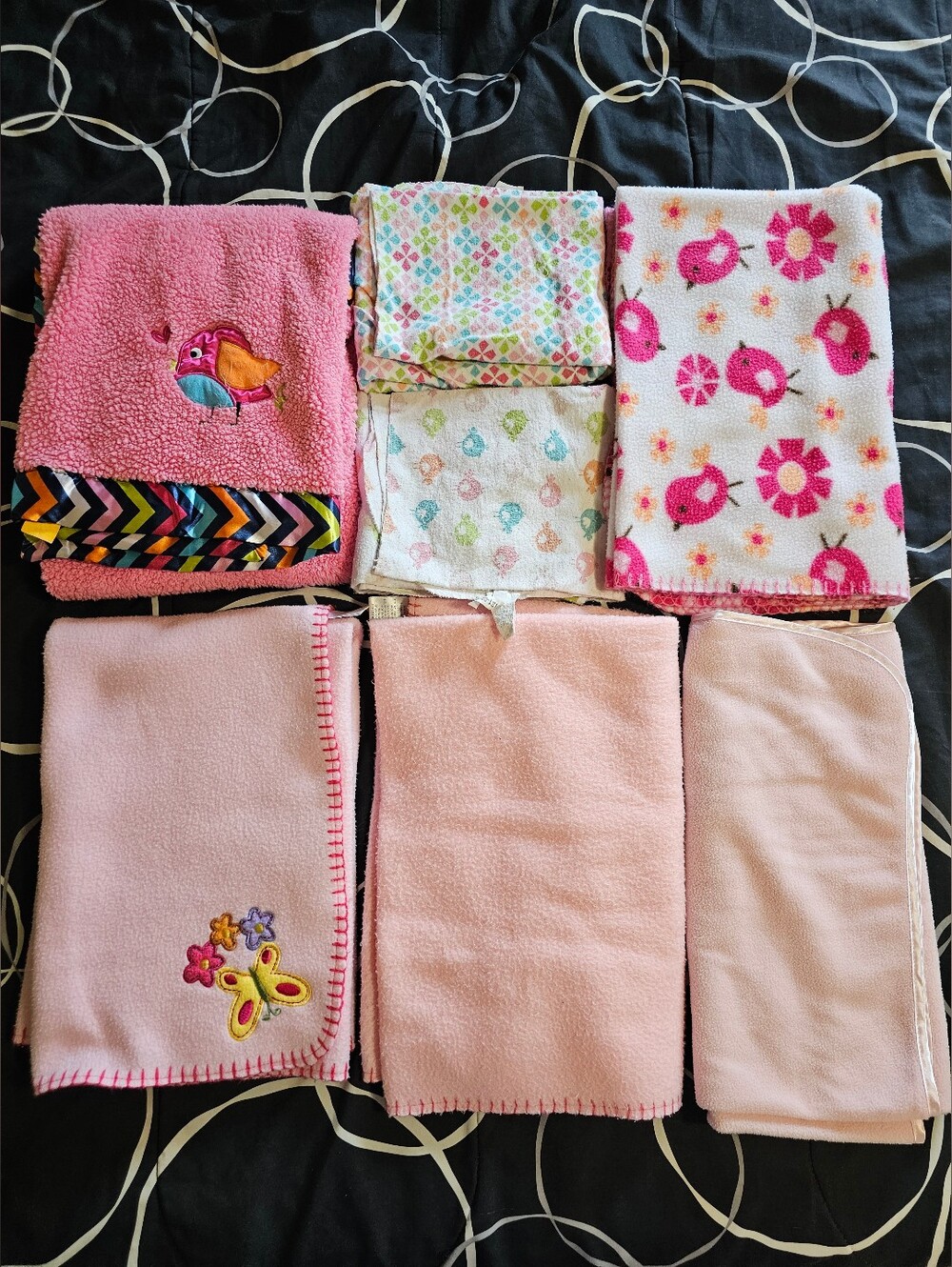 Lot of 7 Pink Girl Baby Blankets - Various Sizes And Thickness - Birds Butterfly